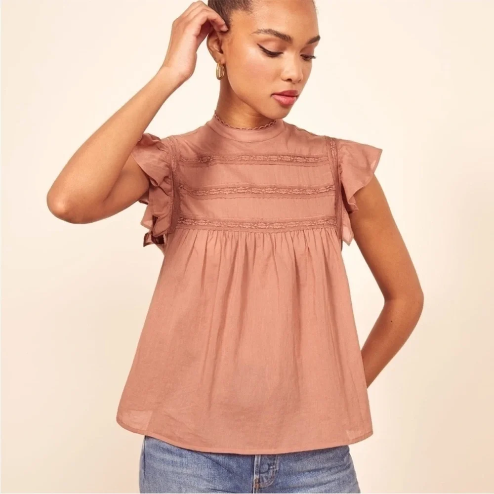 Reformation Dahlia Top Flutter Sleeve Lace Detail Praline XS EUC - Picture 6 of 7